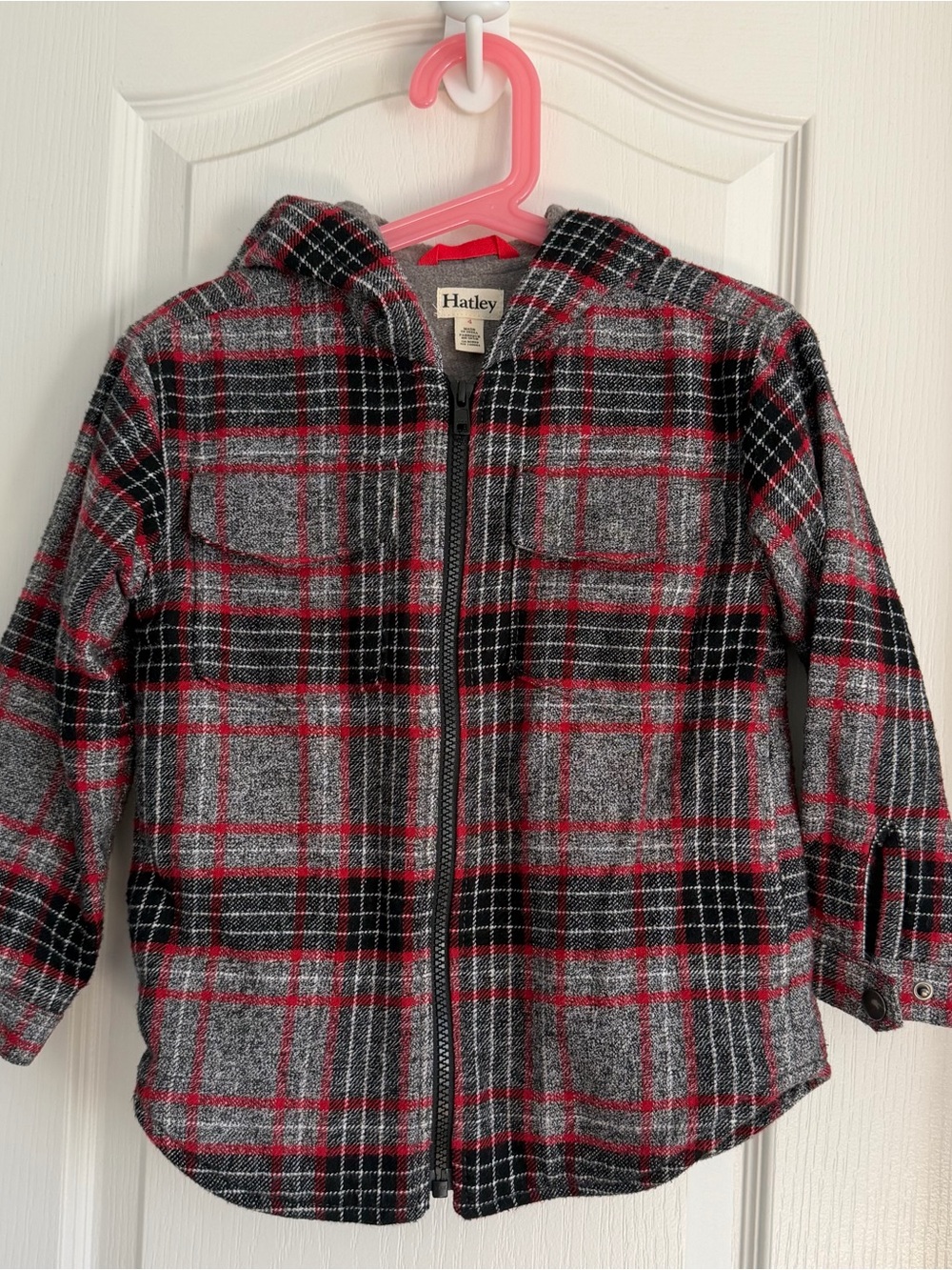 Hatley Kids Grey, Black & Red Plaid Hooded Zip Shirt